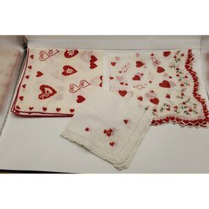 Lot Of 3 Vintage Embroidered  Printed Valentine Hankies Handkerchiefs Red Hearts